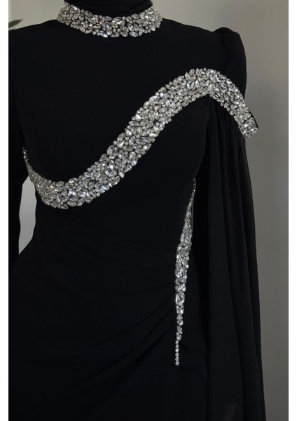 Feriha Yandan Pelerinli Taşlı Özel Tasarım Abiye Siyah indirimleri