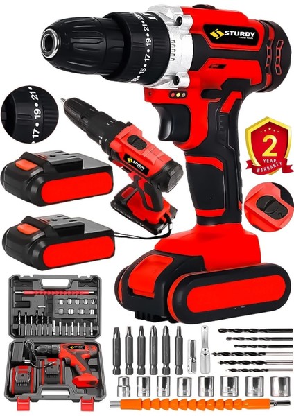 Japon Technology New Seri Darbeli Metal Şanzuman Şarjlı Çift Akülü Matkap Işıklı 27PRÇ Uç Setli