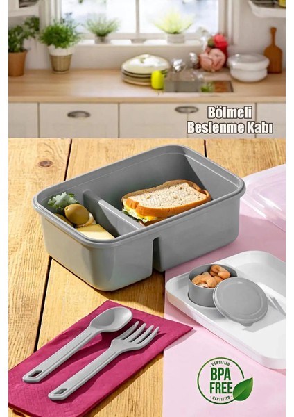 2 Bölmeli Renkli Beslenme Kabı – Kaşıklı & Çatal & Tuzluk Setli, Sızdırmaz Yemek Kabı