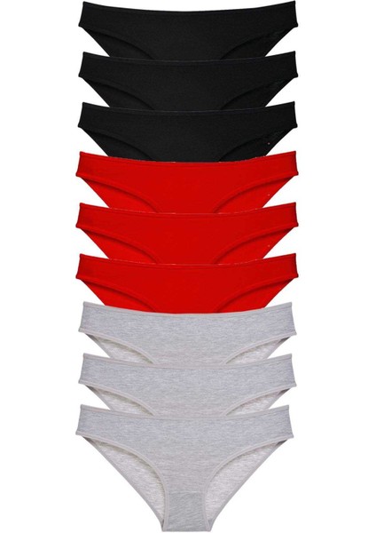 9 Adet Süper Eko Set Likralı Kadın Slip Külot Siyah Kırmızı Gri