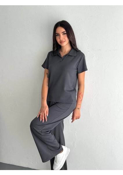 Osy Modal Yumuşak Dokulu Kumaş Kısa Kollu Yakalı T-Shirt Pantalon Ikili Takım- Antrasit indirimleri