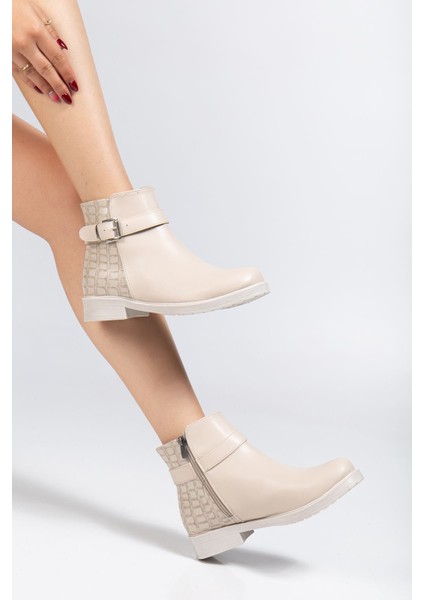 165-204/1 Bej Kroko Toka Aksesuarlı Fermuarlı Günlük Kadın Bot