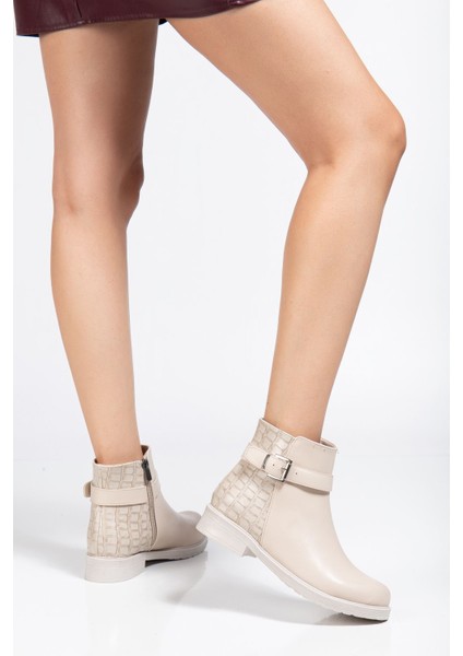 165-204/1 Bej Kroko Toka Aksesuarlı Fermuarlı Günlük Kadın Bot fiyatları