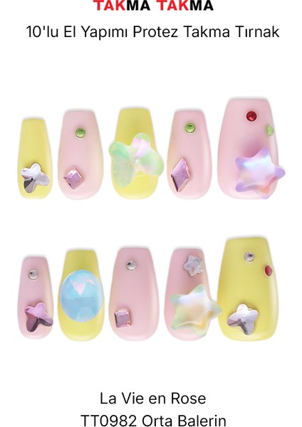 10'lu Sarı Orta Balerin TT0982 Tekrar Kullanılabilir El Yapımı Protez Takma Tırnak - Sarı-S