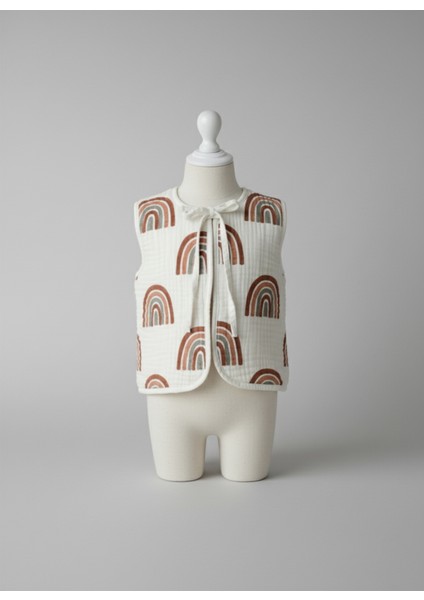 Yelek Unisex Bebek %100 Organik Pamuk 4 Kat Müslin Desenli Kolsuz Bağcıklı Bebek Yelek