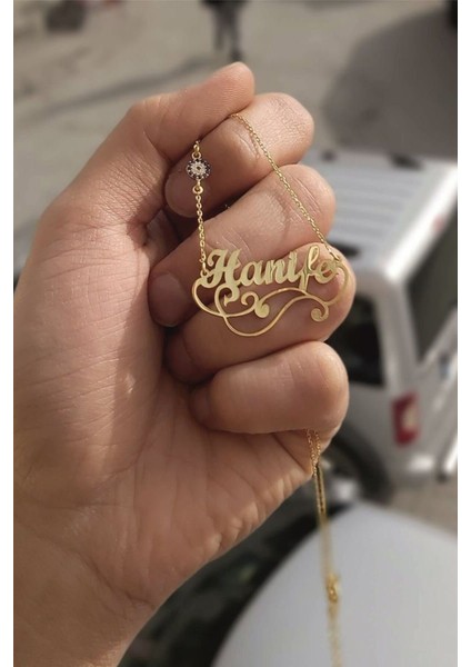 925 Ayar Gümüş 24 Ayar Altın Kaplama Nazar Boncuklu Isimli Kolye