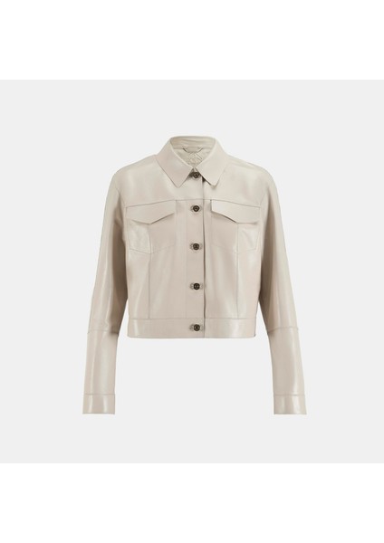 Kadın Beyaz Gömlek Yaka Metal Düğme Detaylı Deri Ceket fırsatları