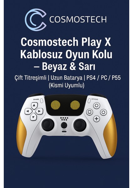 Play x Kablosuz Oyun Kolu Beyaz-Siyah Gamepad– Çift Titreşimli, Uzun Batarya Beyaz-Sarı, Ps4 / Pc / Ps5 ( Kısmı Uyumlu ) modelleri