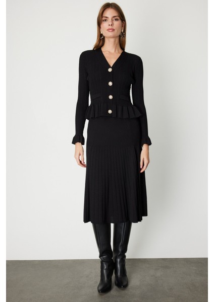 Kadın Piliseli Midi Triko Etek 69201 Siyah