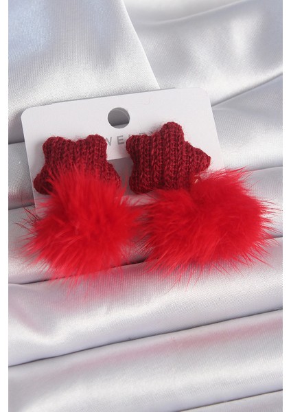 Bfs Kırmızı Renk Tüylü Yıldız Ponpon Model Kadın Küpe