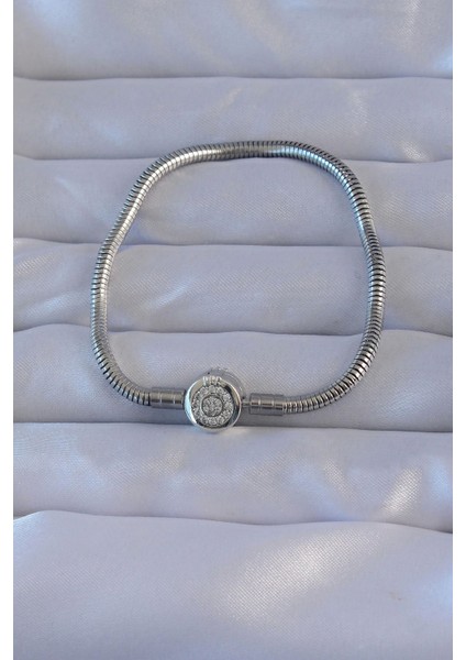 Bfs Pirinç Gümüş Renk Zirkon Taşlı Charm Bileklik