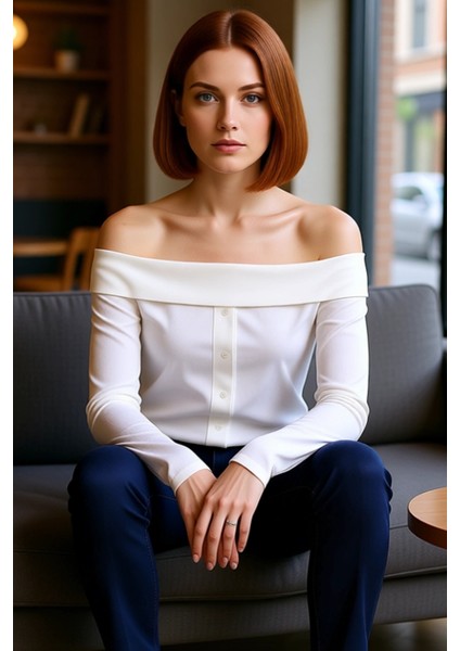 Kadın Vücuda Oturan Carmen Yaka Düğmeli Örme Üst Kaliteli Şık Rahat Modern Zarif Günlük