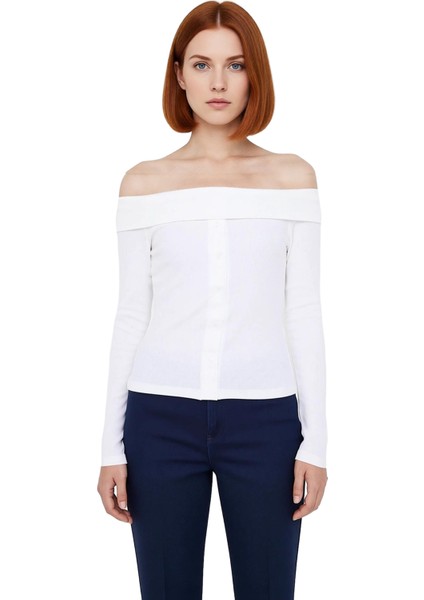 Kadın Vücuda Oturan Carmen Yaka Düğmeli Örme Üst Kaliteli Şık Rahat Modern Zarif Günlük fiyatları