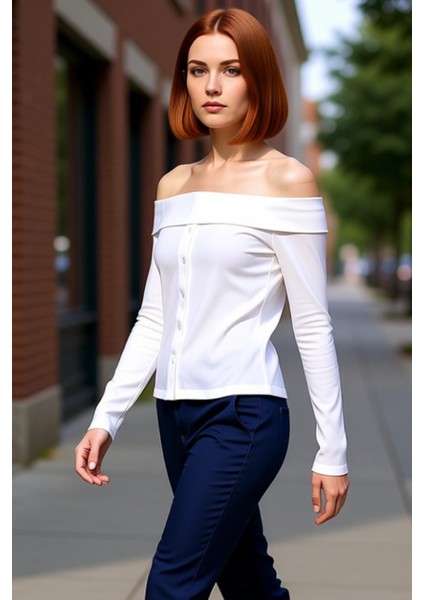 Kadın Vücuda Oturan Carmen Yaka Düğmeli Örme Üst Kaliteli Şık Rahat Modern Zarif Günlük fırsatları