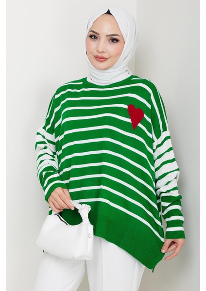 Kalp Aplikeli Çizgili Kazak Yeşil HM2617