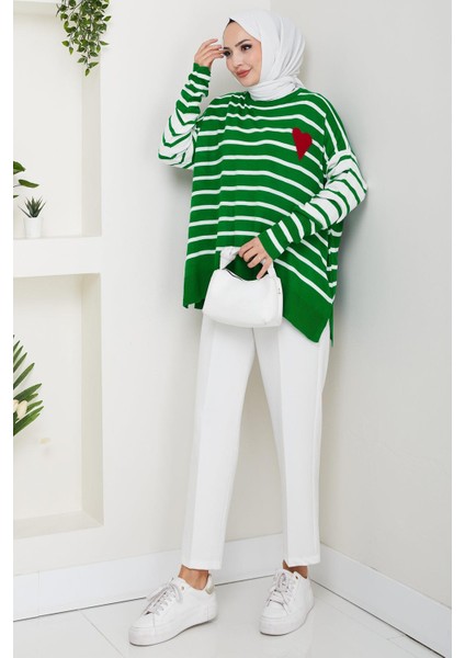 Kalp Aplikeli Çizgili Kazak Yeşil HM2617 fiyatları