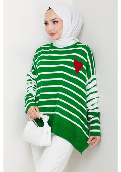 Kalp Aplikeli Çizgili Kazak Yeşil HM2617 fırsatları