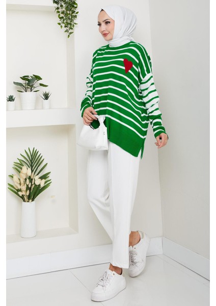 Kalp Aplikeli Çizgili Kazak Yeşil HM2617 indirimleri