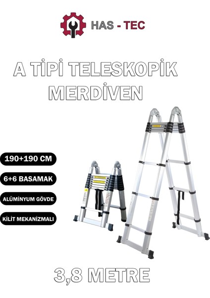 Has-Tec 6+6 Basamaklı Çift Taraflı A Tipi Uzayan Teleskopik Merdiven 3,8 M