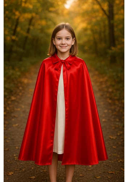 Kırmızı Yakalı Bağlamalı Çocuk Pelerini 90 cm Masal Kostümü – Kırmızı Yakalı Pelerin (6-10 Yaş)