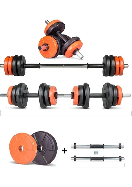 12 kg Multifonksiyonel Turuncu Siyah Halter Seti ve Dambıl Seti
