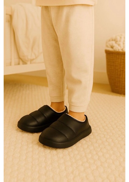 Peluş Içi Yünlü Kışlık Panduf Siyah Çocuk Ev Terliği