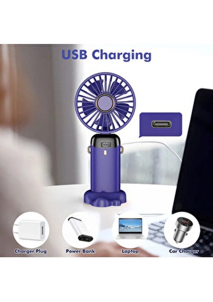 Şarjlı El Fanı Mini Vantilatör 5 Hız Seçeneğiyle LED Göstergeli Serinletici