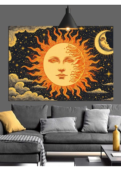Yüzlü Güneş Çizimi Dekoratif Kanvas - Mdf Ahşap Tablo