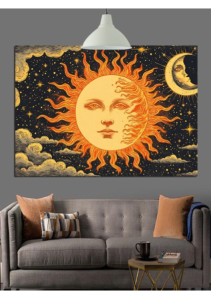 Yüzlü Güneş Çizimi Dekoratif Kanvas - Mdf Ahşap Tablo fiyatları