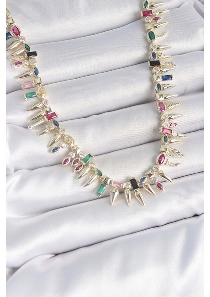 Pirinç Gold Renk Zirkon Taşlı Diken Model Vıp Seri Kadın Kolye