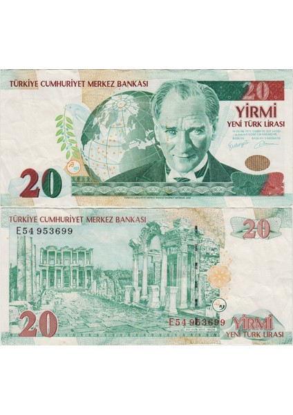 8. Emisyon 20 Ytl E54 Yeni Türk Lirası. Üst Kenarda Yarım cm Yırtık Çok Çok Temiz(-)