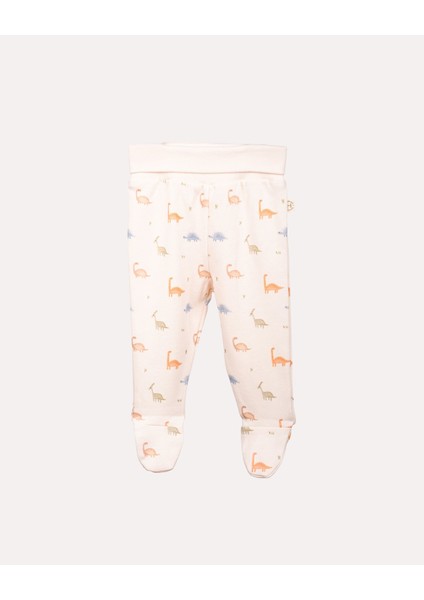 %100 Organik Pamuk Gots Sertifikalı Patikli Dinozor Desenli Bebek & Yenidoğan Pantolon - Ekru