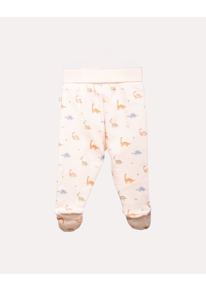 %100 Organik Pamuk Gots Sertifikalı Patikli Dinozor Desenli Bebek & Yenidoğan Pantolon - Ekru fiyatları