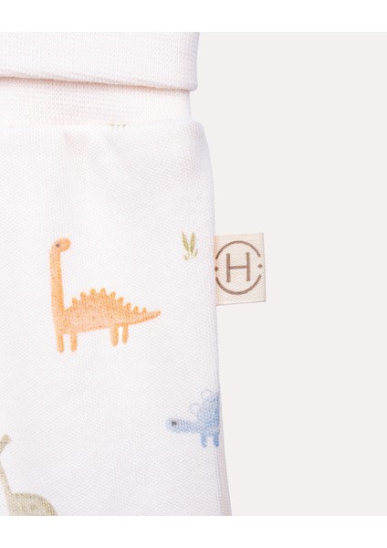 %100 Organik Pamuk Gots Sertifikalı Patikli Dinozor Desenli Bebek & Yenidoğan Pantolon - Ekru modelleri