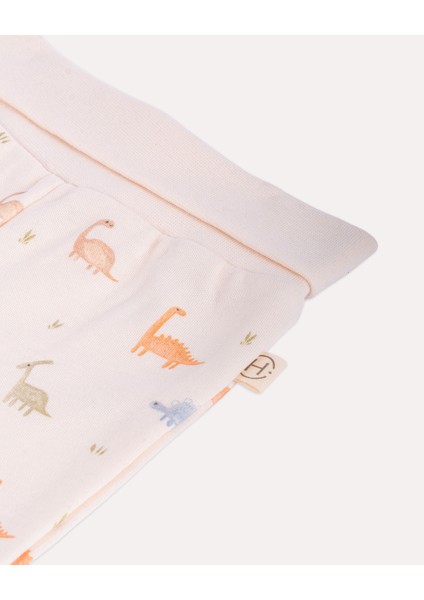 %100 Organik Pamuk Gots Sertifikalı Patikli Dinozor Desenli Bebek & Yenidoğan Pantolon - Ekru fırsatları
