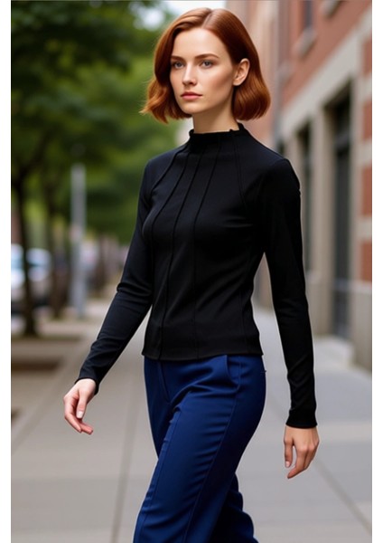 Kadın Regular Kalıp Polyester Esnek Örme Bluz Bisiklet Yaka Fermuar Detaylı Uzun Kollu Cool &