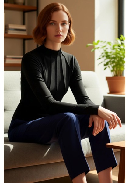 Kadın Regular Kalıp Polyester Esnek Örme Bluz Bisiklet Yaka Fermuar Detaylı Uzun Kollu Cool & fiyatları