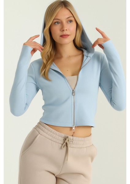 Kadın Kapüşonlu Fermuarlı Mavi Ceket | Parmak Geçme & Gizli Cep Detaylı | %100 Pamuk | Dar Kalıp fiyatları