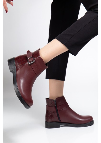 165-204/1 Bordo Kroko Toka Aksesuarlı Fermuarlı Günlük Kadın Bot