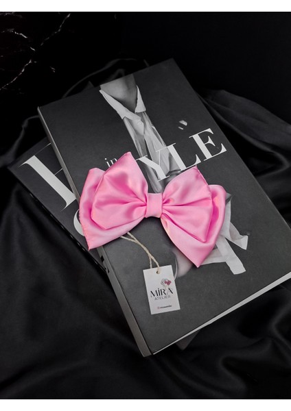 Kadın Saten Fiyonk Saç Tokası / Şeker Pembesi – Timsah (Pens) Klipsli