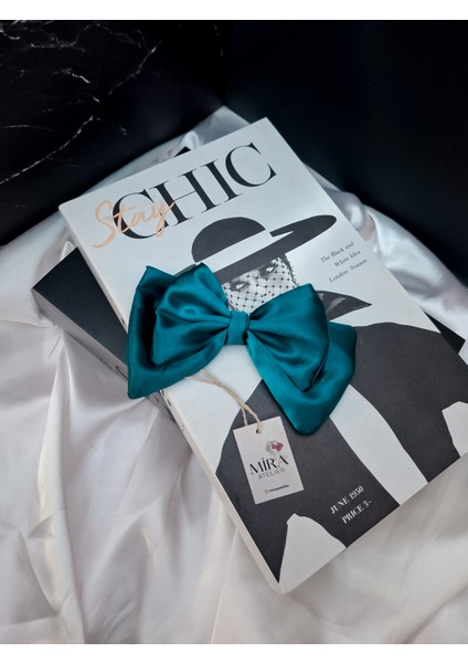 Kadın Saten Fiyonk Saç Tokası / Mavi Aura – Timsah (Pens) Klipsli