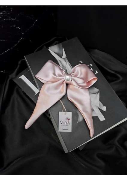 Kadın Saten Fiyonk Saç Tokası / Pudra Düşü – Otomatik Klipsli - Orta Boy