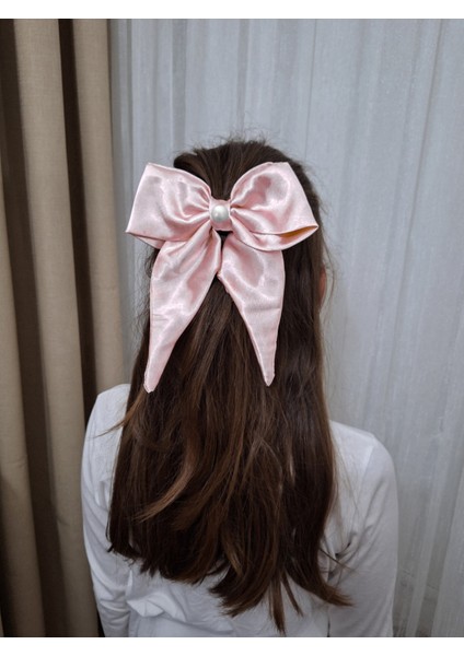 Kadın Saten Fiyonk Saç Tokası / Pudra Düşü – Otomatik Klipsli - Orta Boy fiyatları