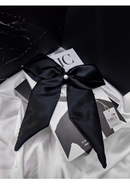 Kadın Saten Fiyonk Saç Tokası / Sonsuz Siyah – Otomatik Klipsli - Uzun Boy