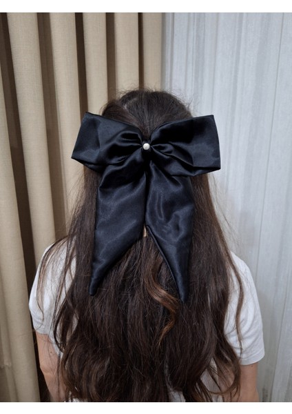 Kadın Saten Fiyonk Saç Tokası / Sonsuz Siyah – Otomatik Klipsli - Uzun Boy fiyatları