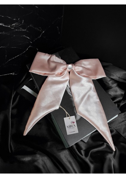 Kadın Saten Fiyonk Saç Tokası / Pure Somon – Otomatik Klipsli - Uzun Boy