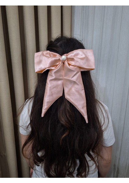 Kadın Saten Fiyonk Saç Tokası / Pure Somon – Otomatik Klipsli - Uzun Boy fiyatları