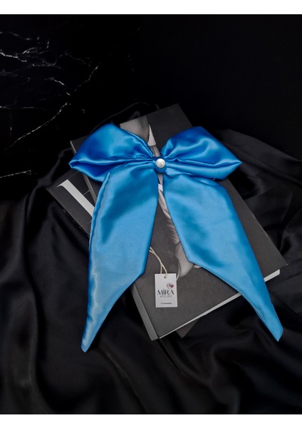 Kadın Saten Fiyonk Saç Tokası / Mavi Inci – Otomatik Klipsli - Uzun Boy