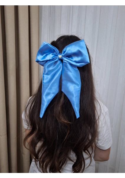 Kadın Saten Fiyonk Saç Tokası / Mavi Inci – Otomatik Klipsli - Uzun Boy fiyatları