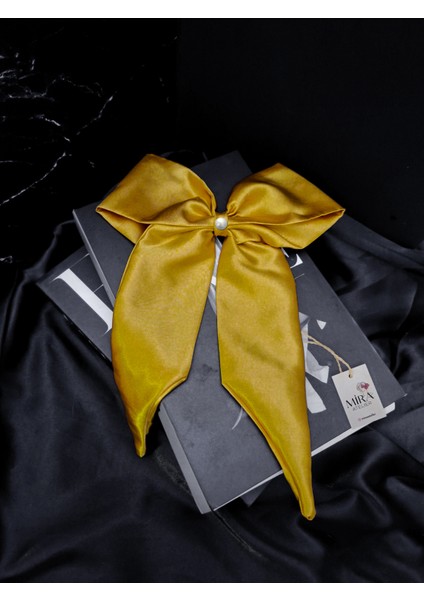 Kadın Saten Fiyonk Saç Tokası / Altın Tozu – Otomatik Klipsli - Uzun Boy